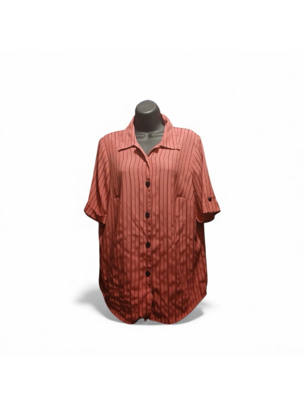 Gloria Lance Woman Blouse 2X Pink Striped Button Down Short Sleeve - INV253 A1